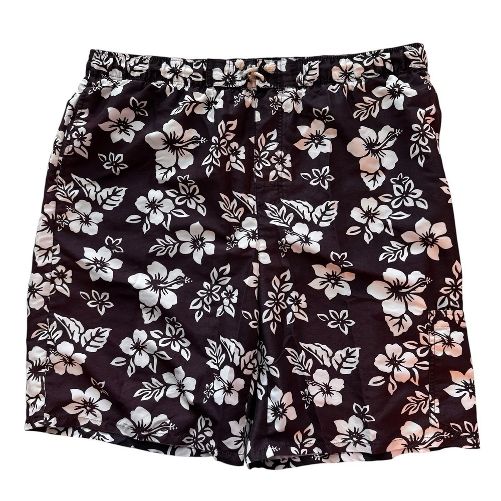 KingSize KS Island Big Men's Brown &‎ White Hibiscus Print Swim Trunks 1XL 44W
